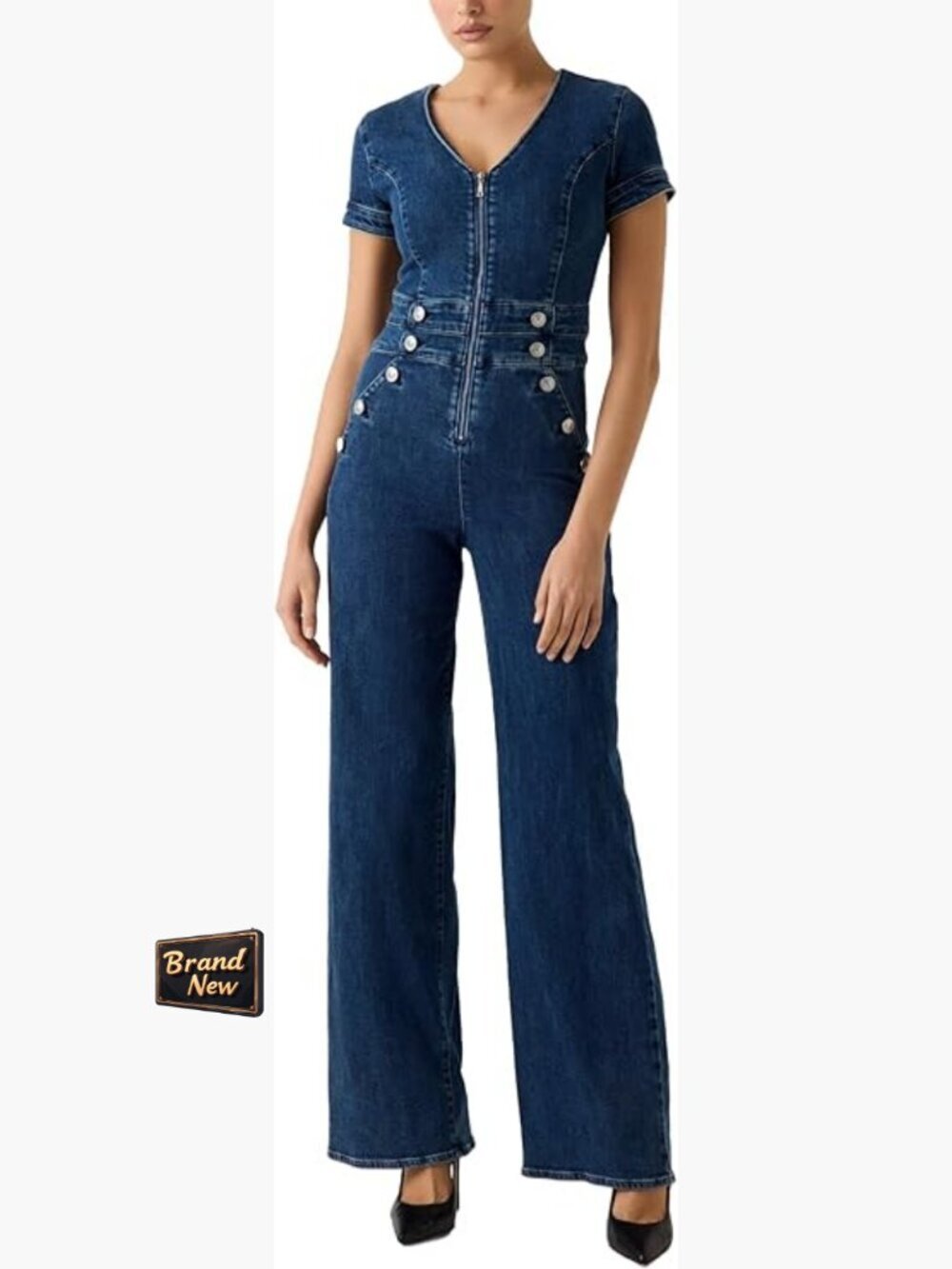 Denim Jumpsuit with Short Sleeves, Zip Front, Wide Legs, XS Size